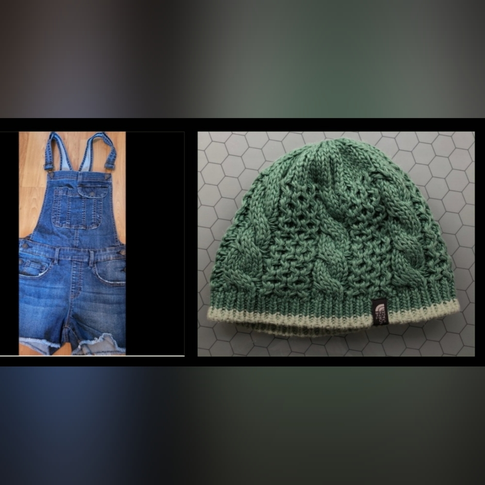 Jean-shorts overalls with North Face toque. Also looks cute with leggings 😊